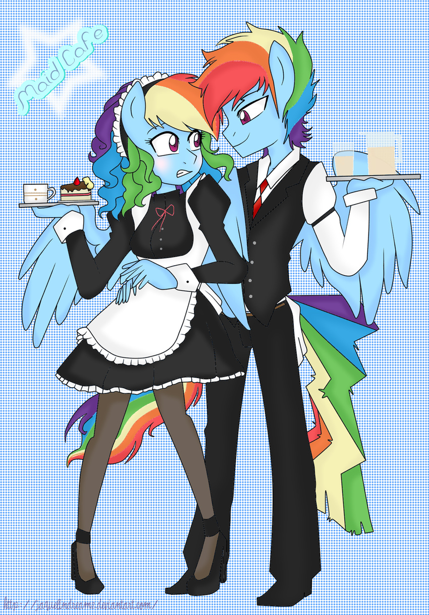 anthro anthrofied apron cake clothed clothing crossgender cup duo english_text equine female food friendship_is_magic hair horse jaquelindreamz maid maid_uniform male mammal mug multi-colored_hair my_little_pony pegasus pony purple_eyes rainbow_dash_(mlp) rainbow_hair square_crossover text waiter wings