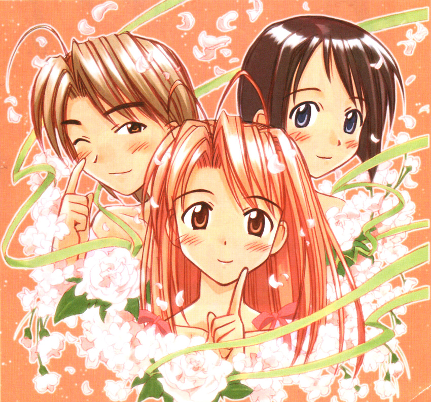 ahoge akamatsu_ken antenna_hair artbook bare_shoulders black_hair blue_eyes blush bob_cut brown_eyes brown_hair flower highres jpeg_artifacts konno_mitsune long_hair love_hina maehara_shinobu multiple_girls naked_ribbon narusegawa_naru official_art one_eye_closed orange_hair petals ribbon scan short_hair upper_body