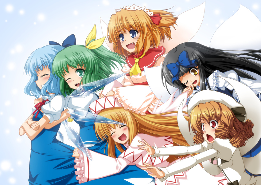 absurdres black_hair blonde_hair blue_eyes blue_hair blush bow brown_hair capelet cirno closed_eyes daiyousei dress drill_hair eiyuu_(eiyuu04) fairy_wings fang green_hair group_picture group_profile hair_bow hair_ornament hat highres hug ice ice_wings lily_white lineup long_hair luna_child maid_headdress multiple_girls one_eye_closed open_mouth profile red_eyes ribbon short_hair short_sleeves skirt skirt_tug smile star_sapphire sunny_milk touhou twintails wings yousei_daisensou