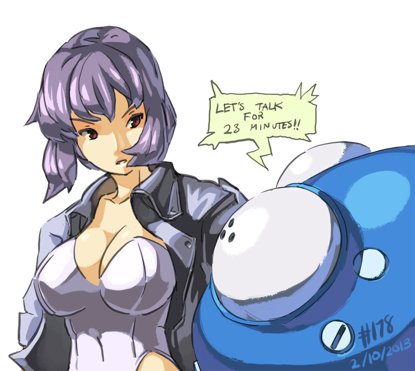 2013 breasts cleavage cyborg dated english ghost_in_the_shell ghost_in_the_shell_stand_alone_complex jacket junkpuyo kusanagi_motoko large_breasts leotard mecha open_clothes open_jacket purple_hair red_eyes robot short_hair tachikoma