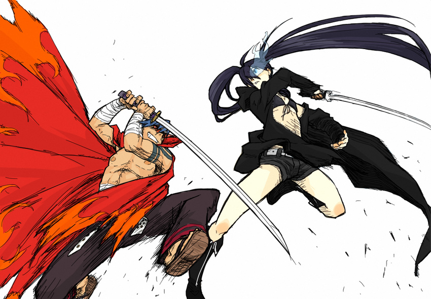 1girl bandages battle bikini_top black_hair black_rock_shooter black_rock_shooter_(character) blue_eyes blue_hair boots burning_eye cape colorized crossover drawfag duel epic flat_chest grin highres hood hood_down jacket kamina katana long_hair midriff motion_blur navel open_clothes open_jacket reverse_grip sarashi shirtless short_shorts shorts smile sword tengen_toppa_gurren_lagann twintails very_long_hair weapon