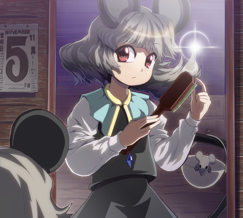 animal_ears basket brush calendar_(object) grey_hair hair_brush hair_brushing highres holding holding_brush holding_hair jewelry long_sleeves mirror mouse mouse_ears mouse_tail nazrin pendant red_eyes reflection shope short_hair solo tail touhou