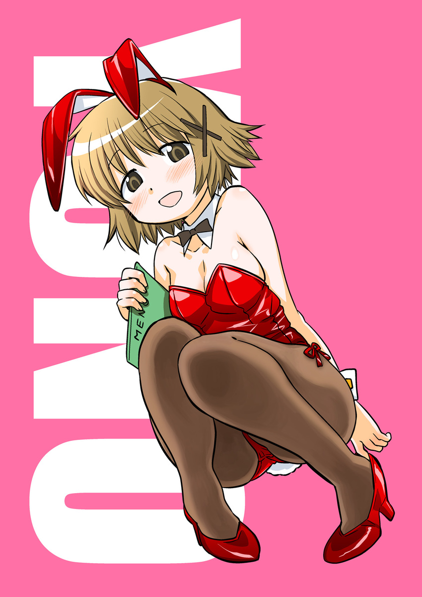 animal_ears bare_shoulders blush bow bowtie breasts brown_eyes brown_hair bunny_ears bunny_girl bunnysuit cleavage detached_collar fishnets fuwa_daisuke hair_ornament hairclip hidamari_sketch highres large_breasts looking_at_viewer menu open_mouth pantyhose pink_background short_hair smile solo squatting wrist_cuffs x_hair_ornament yuno