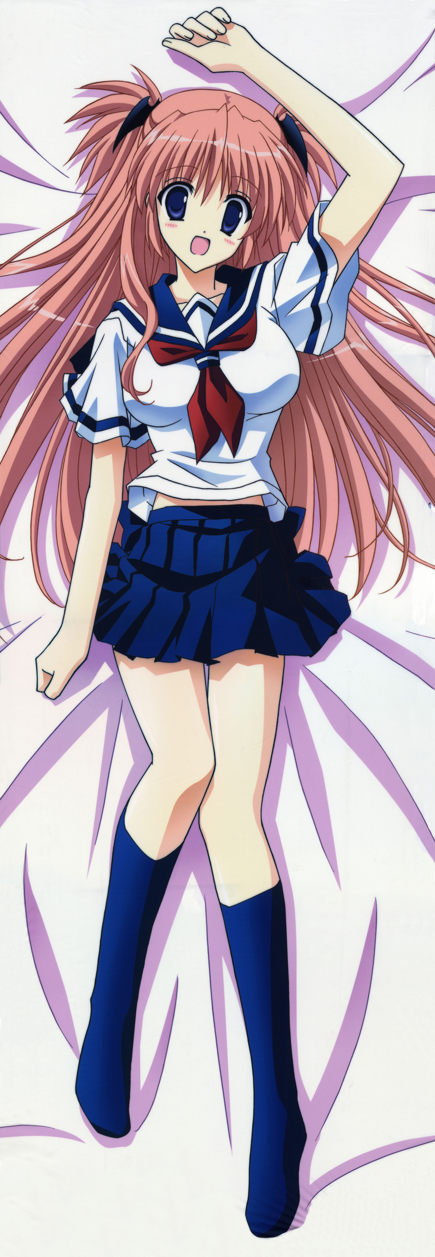 absurdres arm_up bed_sheet blue_eyes blush brown_hair dakimakura footwear goshuushou-sama_ninomiya-kun highres incredibly_absurdres legs long_hair long_image lying on_back open_mouth school_uniform socks solo tall_image tsukimura_mayu very_long_hair