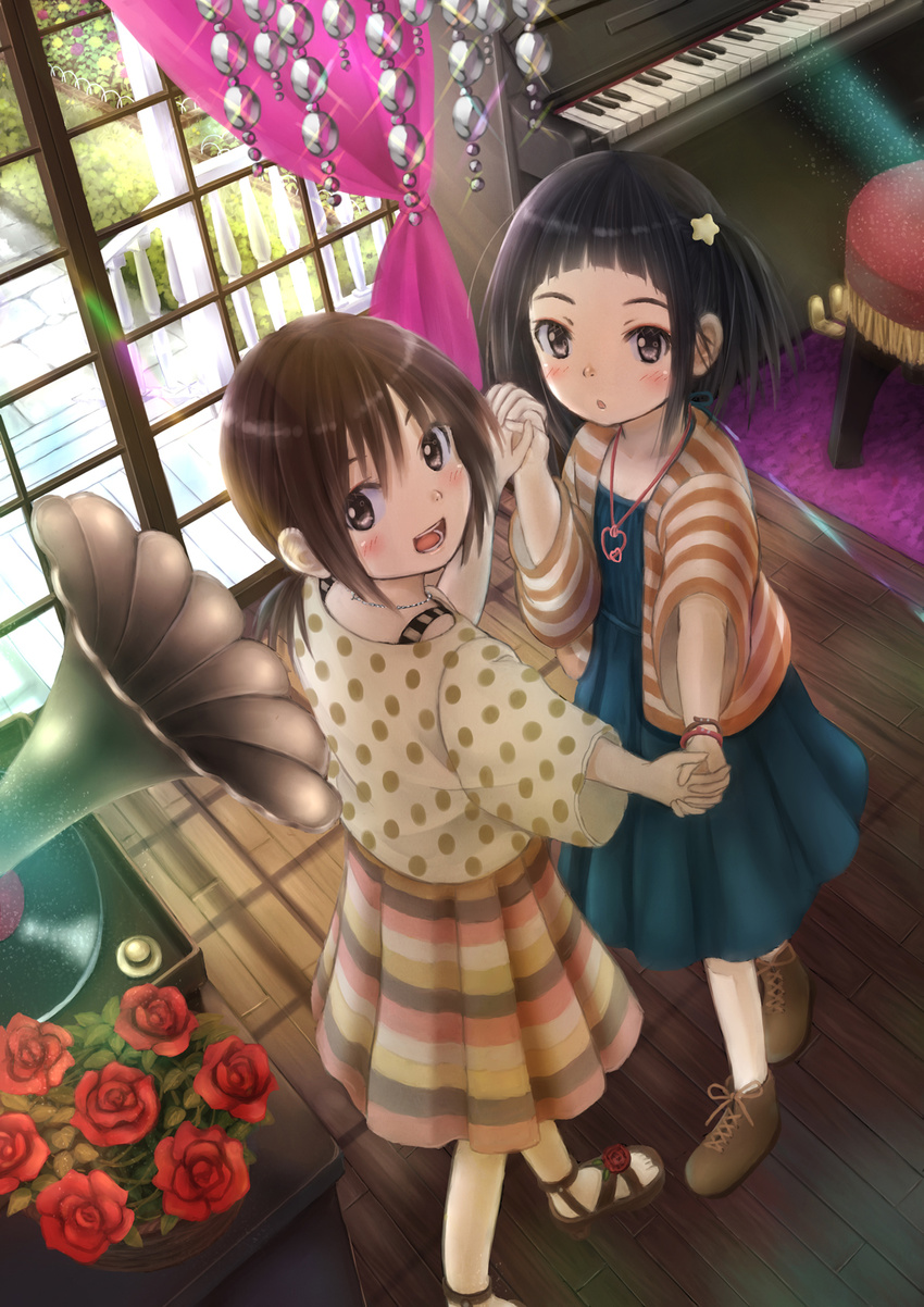 :d :o bad_id bad_pixiv_id black_hair blush brown_eyes dancing flower hair_ornament heart highres holding_hands instrument jewelry multicolored multicolored_stripes multiple_girls necklace open_mouth original phonograph piano polka_dot rose shoes short_hair smile star star_hair_ornament stool striped taka_(tsmix) window wooden_floor