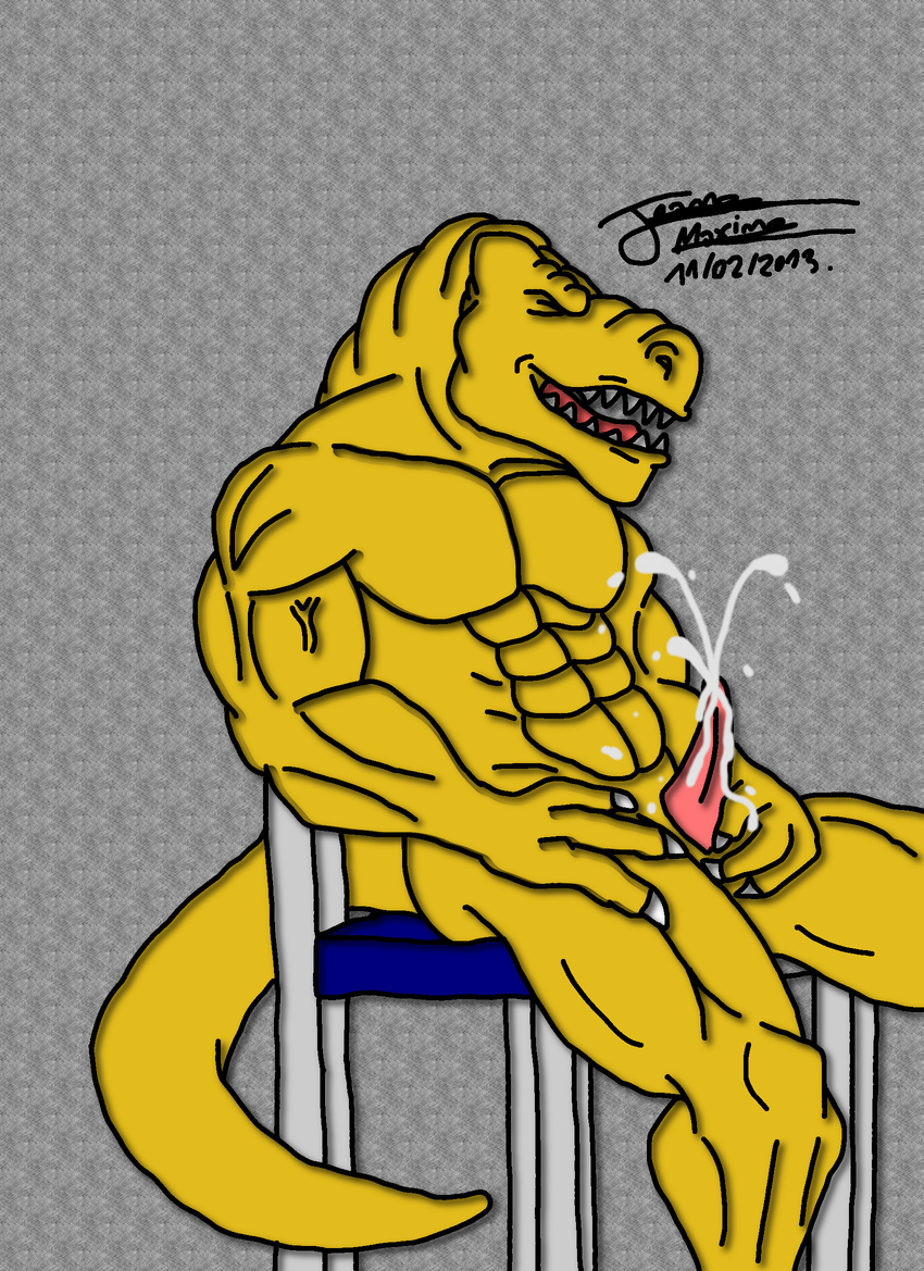 abs anthro balls biceps chair claws cum cum_on_penis cum_string cumshot dinosaur erection extreme_dinosaurs eyes_closed fangs leaking male masturbation maxime-jeanne muscles nude open_mouth orgasm pecs penis pose reptile scales scalie sex sheath sitting solo t-bone_(extreme_dinosaurs) theropod toned tongue tyrannosaurus_rex vein yellow_skin