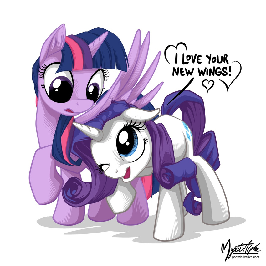 &lt;3 blue_eyes cutie_mark dialog duo english_text equine female feral friendship_is_magic hair horn horse mammal multi-colored_hair my_little_pony mysticalpha one_eye_closed plain_background pony purple_eyes purple_hair rarity_(mlp) shadow text twilight_sparkle_(mlp) unicorn white_background winged_unicorn wings
