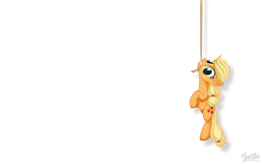 applejack_(mlp) blonde_hair cutie_mark equine female feral freckles friendship_is_magic green_eyes hair hanging hanging_around horse mammal my_little_pony mysticalpha plain_background pony rope solo wallpaper white_background