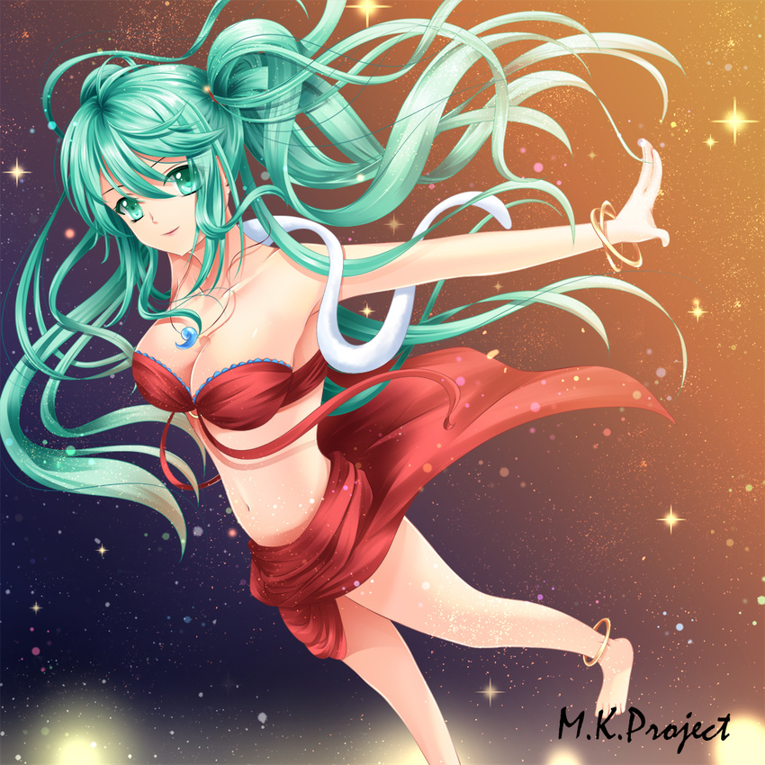 anklet bad_id bad_pixiv_id barefoot bracelet breasts cleavage green_eyes green_hair hatsune_miku jewelry long_hair medium_breasts outstretched_arms red_sarong sarong solo spread_arms toshi_(1-147) twintails very_long_hair vocaloid