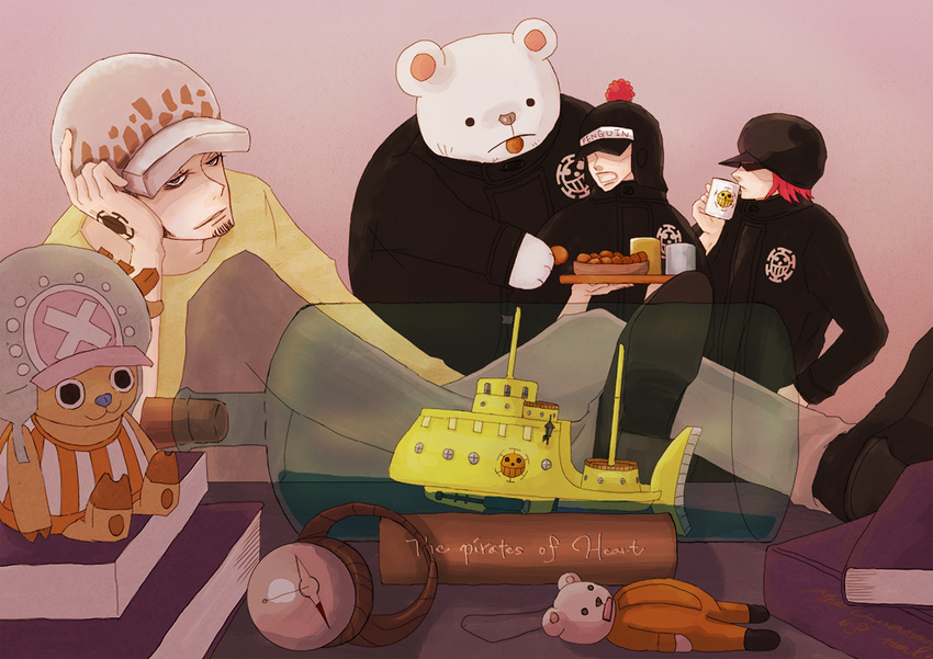 3boys bear bepo book bottle cabbie_hat coffee_mug compass cookie drink earflap_hat food hat hat_over_eyes hat_pompom heart_pirates jolly_roger log_pose male male_focus multiple_boys one_piece penguin_(one_piece) pirate red_hair shachi shachi_(one_piece) stuffed_toy submarine sunglasses tattoo tony_tony_chopper toy trafalgar_law x_(symbol)