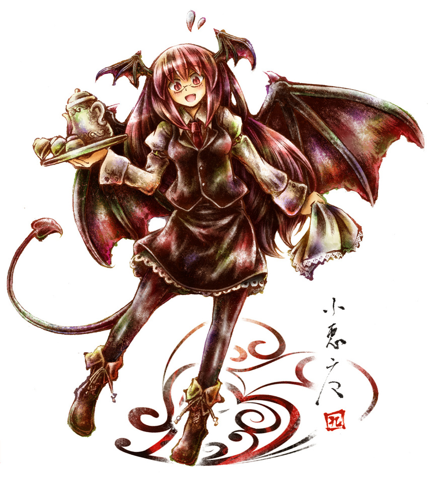 :d bat_wings breasts buttons cup demon_tail fang frills head_wings heart highres koakuma link163353 long_hair medium_breasts necktie open_mouth pantyhose red_eyes red_hair simple_background smile solo tail teapot touhou white_background wings