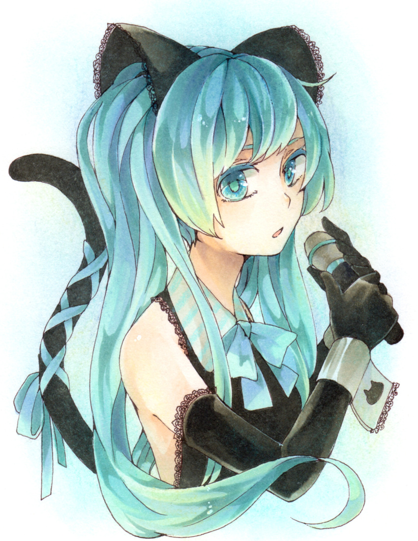 aqua_eyes aqua_hair cat_tail elbow_gloves gloves hatsune_miku highres long_hair marker_(medium) microphone pastel_(medium) rakend risky_game_(vocaloid) solo tail traditional_media vocaloid