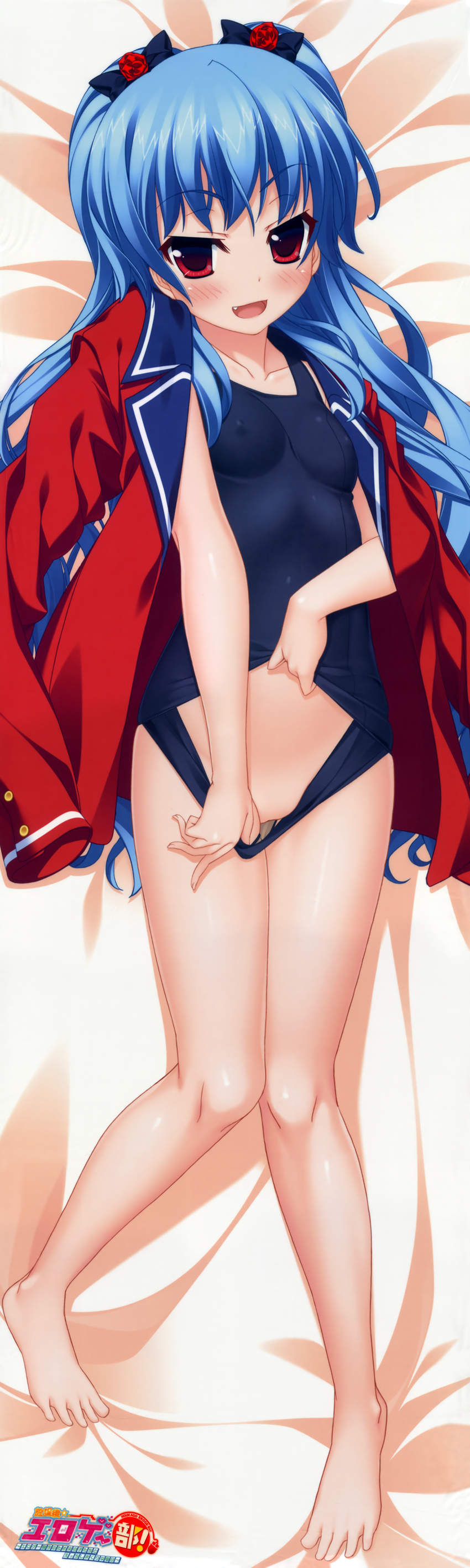 :d absurdres akeboshi_akane blue_hair breasts copyright_name covered_nipples dakimakura fang full_body highres houkago_eroge-bu! huge_filesize itou_life legs long_hair lying no_panties no_pussy one-piece_swimsuit open_clothes open_mouth open_shirt red_eyes school_swimsuit school_swimsuit_flap shirt shirt_on_shoulders small_breasts smile solo swimsuit swimsuit_pull