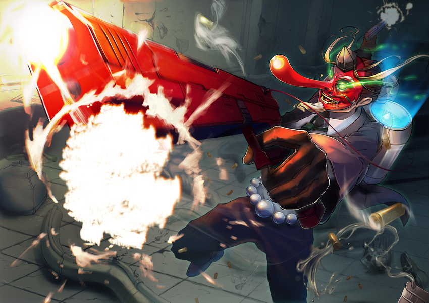 absurdres bad_id bad_pixiv_id dual_wielding facial_hair firing formal fukurou_(suga0930) glowing glowing_eyes gun highres holding jet_pack male_focus mask mustache ninja_slayer open_mouth shell_casing smile solo suit tengu_mask weapon yakuza_tengu