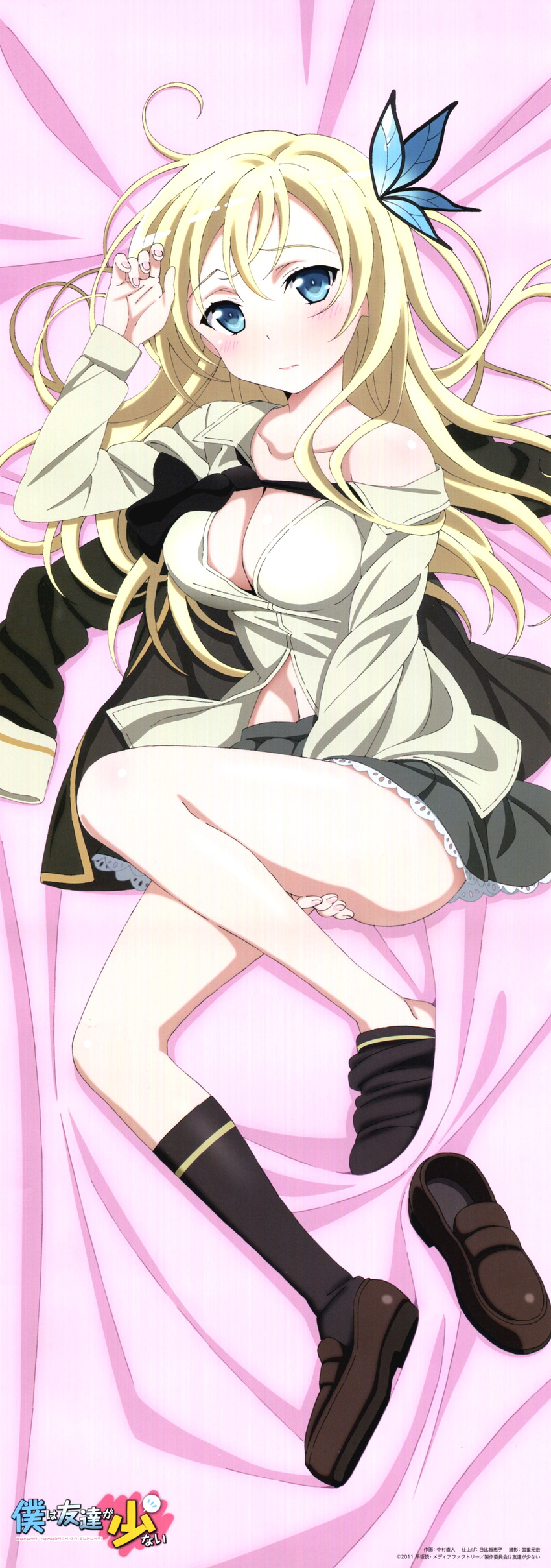 3: absurdres blonde_hair blue_eyes blush boku_wa_tomodachi_ga_sukunai breasts butterfly_hair_ornament cleavage hair_ornament highres kashiwazaki_sena kneehighs loafers long_hair long_image medium_breasts nakamura_naoto off_shoulder official_art scan school_uniform shoes single_shoe skirt sock_pull solo st._chronica_academy_uniform stick_poster tall_image undressing