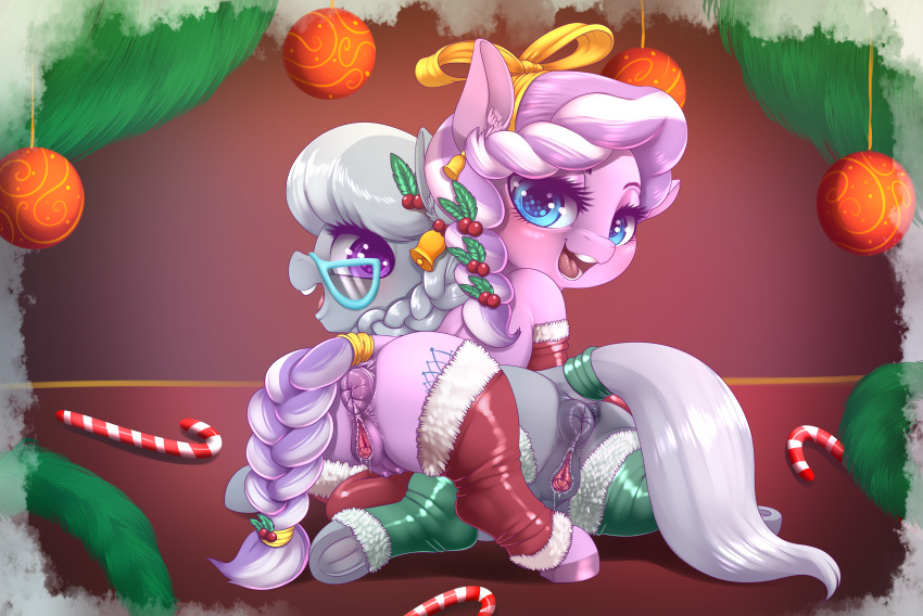 2018 absurd_res animal_genitalia animal_pussy anus braided_hair braided_tail butt candy candy_cane christmas clitoral_winking clitoris clothing cutie_mark dankflank diamond_tiara_(mlp) digital_media_(artwork) duo earth_pony equine equine_pussy eyewear female female/female feral food friendship_is_magic glasses hair hair_bow hair_ribbon hi_res holidays hooves horse inner_ear_fluff legwear looking_at_viewer looking_back mammal my_little_pony nipples open_mouth open_smile pony presenting presenting_anus presenting_pussy presenting_teats pussy pussy_juice rear_view ribbons silver_spoon_(mlp) smile take_your_pick teats thigh_highs underhoof young