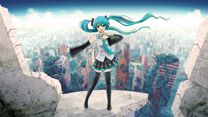 aqua_eyes aqua_hair cityscape detached_sleeves floating_hair full_body hand_on_own_chest hatsune_miku inumoto long_hair necktie open_mouth outstretched_arm ruins skirt smile solo standing thighhighs twintails very_long_hair vocaloid zettai_ryouiki