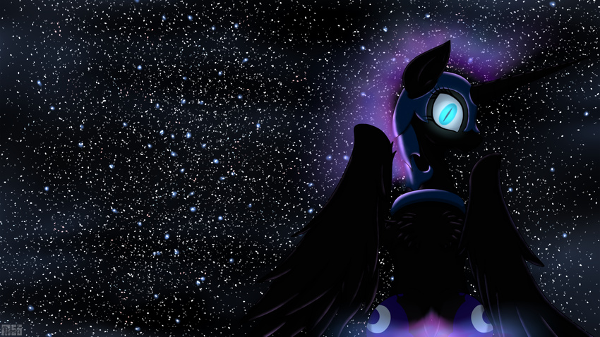 armor blue_eyes butt cutie_mark equine female feral friendship_is_magic havikm66 helmet horn horse looking_at_viewer looking_back mammal my_little_pony nightmare_moon_(mlp) pony solo space stars winged_unicorn wings
