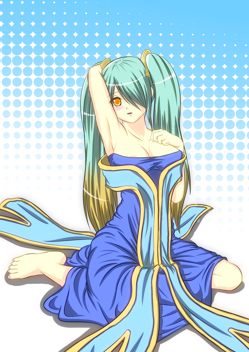absurdres aqua_hair areola_slip areolae armpits barefoot blonde_hair blush breasts gradient_hair hair_over_one_eye halftone halftone_background highres iori1112 league_of_legends long_hair low_neckline multicolored_hair orange_eyes solo sona_buvelle twintails