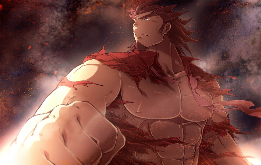 abs columns_ke embers eyebrows facial_hair foreshortening goatee highres kazanari_genjuurou looking_to_the_side male_focus manly red_hair senki_zesshou_symphogear shirt solo spiked_hair thick_eyebrows torn_clothes torn_shirt