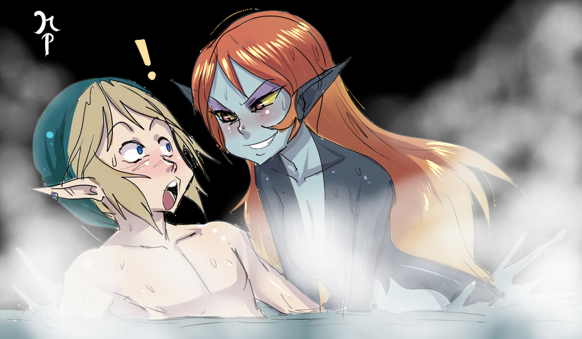 1girl blonde_hair blue_eyes blush censored convenient_censoring earrings eyeshadow grin hat imp jewelry link long_hair makeup maniacpaint midna nude onsen orange_hair pointy_ears rape_face red_eyes smile steam the_legend_of_zelda the_legend_of_zelda:_twilight_princess wet yellow_sclera you_gonna_get_raped