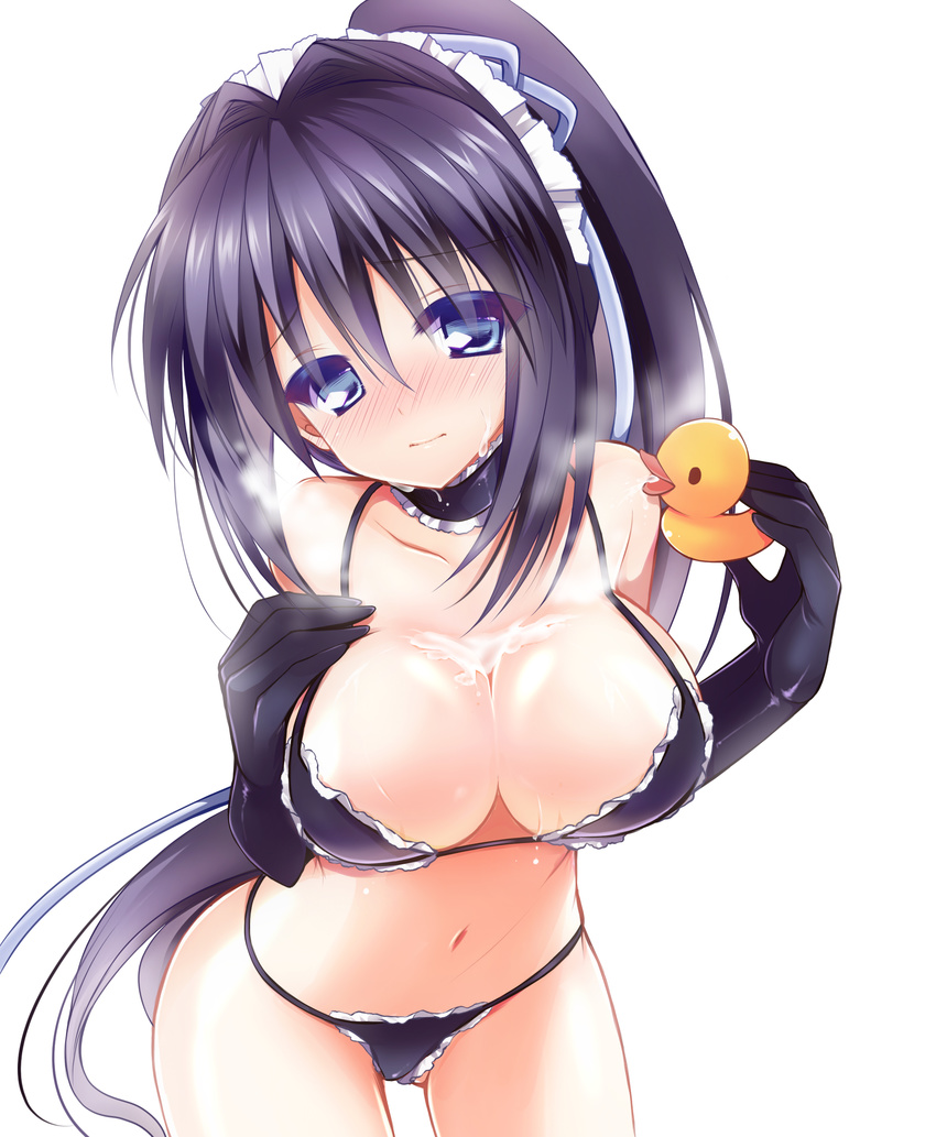 absurdres bad_id bad_pixiv_id black_bra black_panties blue_eyes blush bra breasts bust_cup cleavage detached_collar full-face_blush highres konohana_lucia large_breasts long_hair looking_at_viewer maid_headdress navel panties ponytail purple_hair rewrite rubber_duck shira_ichigo_(ichigohou) simple_background spaghetti_strap string_panties sweat thighhighs underwear underwear_only very_long_hair white_background