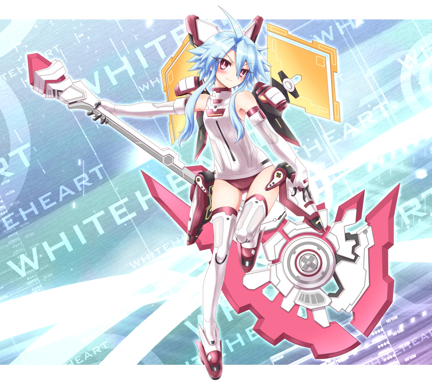 &gt;:) ahoge armor armpits axe bare_shoulders blue_hair blush character_name controller elbow_gloves faulds flat_chest flipped_hair full_body gloves gradient gradient_background greaves hair_between_eyes halterneck head_tilt headgear highres hips holding holding_weapon huge_weapon kami_jigen_game_neptune_v leg_up leotard light_smile looking_at_viewer magical_girl mizunashi_(second_run) neptune_(series) outline outstretched_arm pauldrons power_symbol red_eyes short_hair_with_long_locks sidelocks slim_legs smile solo symbol-shaped_pupils thigh_gap thighhighs turtleneck v-shaped_eyebrows weapon white_gloves white_heart white_legwear wings