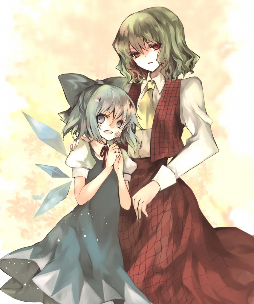 age_difference ascot blue_eyes bow cirno dress dress_shirt flower green_hair hair_bow hand_on_shoulder highres hina_(pico) ice ice_wings kazami_yuuka multiple_girls open_mouth red_eyes shirt short_hair touhou vest white_shirt wings