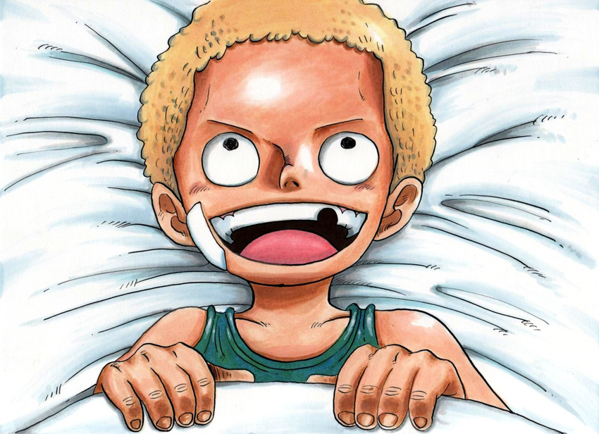 1boy bed_sheet blonde_hair child chuu_(tyuunyuu) east_blue male male_focus one_piece sabo_(one_piece) sheets solo tank_top young younger