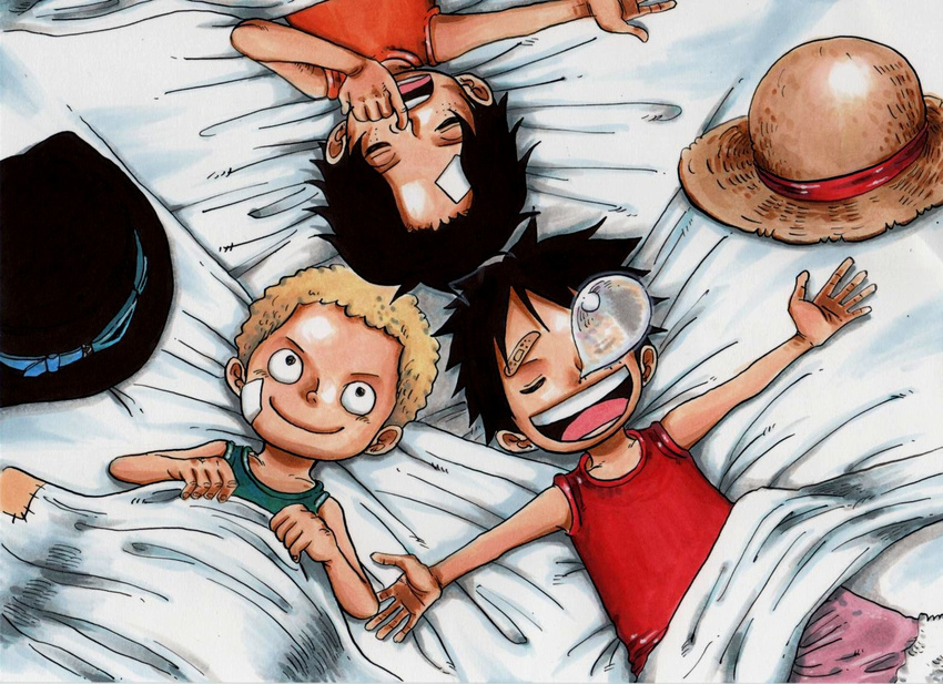 3boys bed_sheet black_hair blonde_hair brother brothers child chuu_(tyuunyuu) east_blue hat headwear_removed male male_focus monkey_d_luffy multiple_boys one_piece portgas_d_ace sabo_(one_piece) sheets shueisha siblings sleeping straw_hat young younger