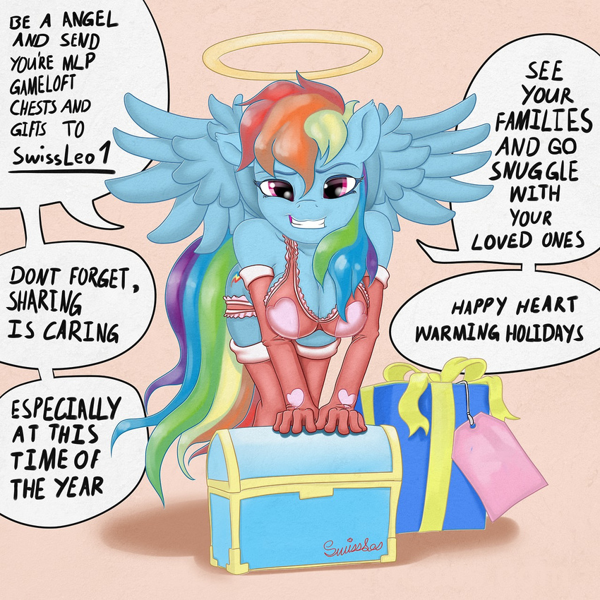&lt;3 anthro bent_over big_breasts breasts cleavage cute english_text equine friendship_is_magic hair halo_(ring) horse lingerie looking_at_viewer multi-colored_hair my_little_pony pegasus pink_eyes pony rainbow_dash_(mlp) rainbow_hair skimpy smile swissleos text wings