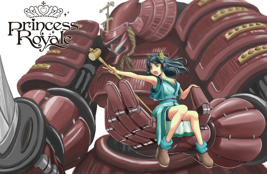 ao_usagi character_request copyright_name huge_weapon issun-boushi katana long_hair mallet mecha open_mouth princess_royale samurai simple_background sitting sword weapon white_background
