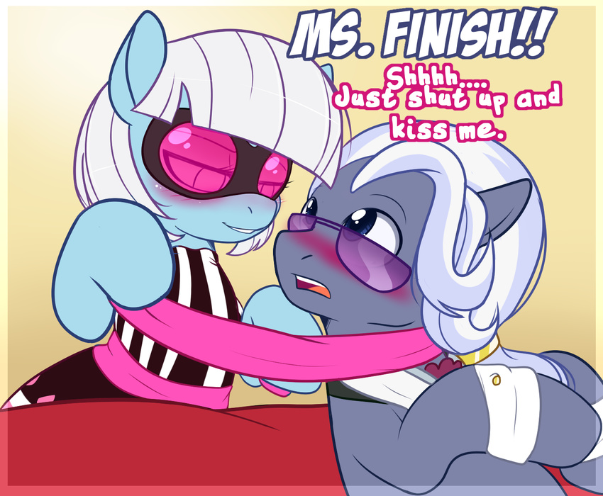 blue_eyes blush clothing corrupteddiscipline dress equine eyewear female friendship_is_magic glasses hair hoity_toity_(mlp) horse male mammal my_little_pony photo_finish_(mlp) pony scarf sunglasses white_hair