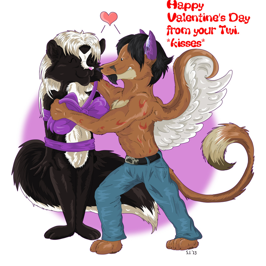 anthro canine duo faelis fox gift holidays kisses kissing love mammal phoenix phox rarockthephoenix shapeshifter skunk twillight valentine's_day valentine's_day wings wrapped wrapping