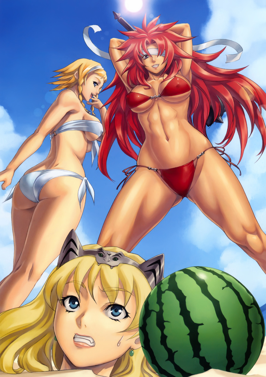 3girls abs absurdres armpits arms_up ass athletic bikini blonde_hair blue_eyes braid breasts cleavage clenched_teeth earrings eiwa elina erect_nipples food fruit grin hairband headband highres huge_ass jewelry large_breasts leina long_hair mace multiple_girls muscle purple_eyes queen's_blade queen's_blade red_hair risty sand short_hair side-tie_bikini smile sweat swimsuit teeth toned twin_braids twintails underboob watermelon weapon worried