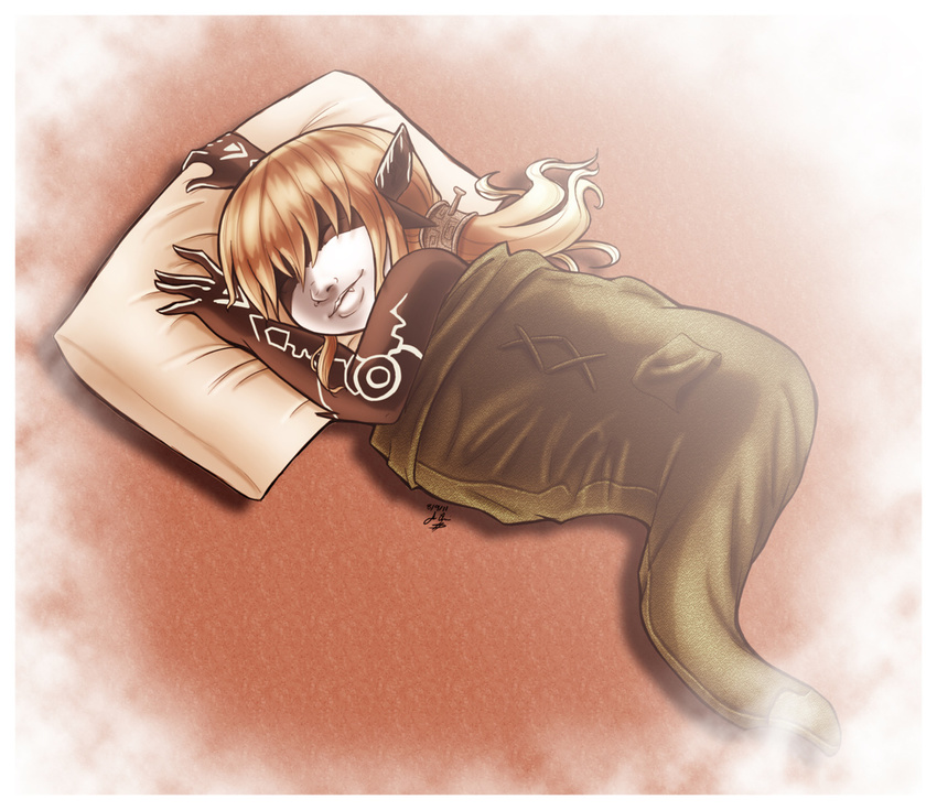 closed_eyes fang hair_ornament imp long_hair midna neon_trim no_headwear no_helmet pillow pointy_ears sepia sleeping sleeping_bag solo the_legend_of_zelda the_legend_of_zelda:_twilight_princess tiuana_rui