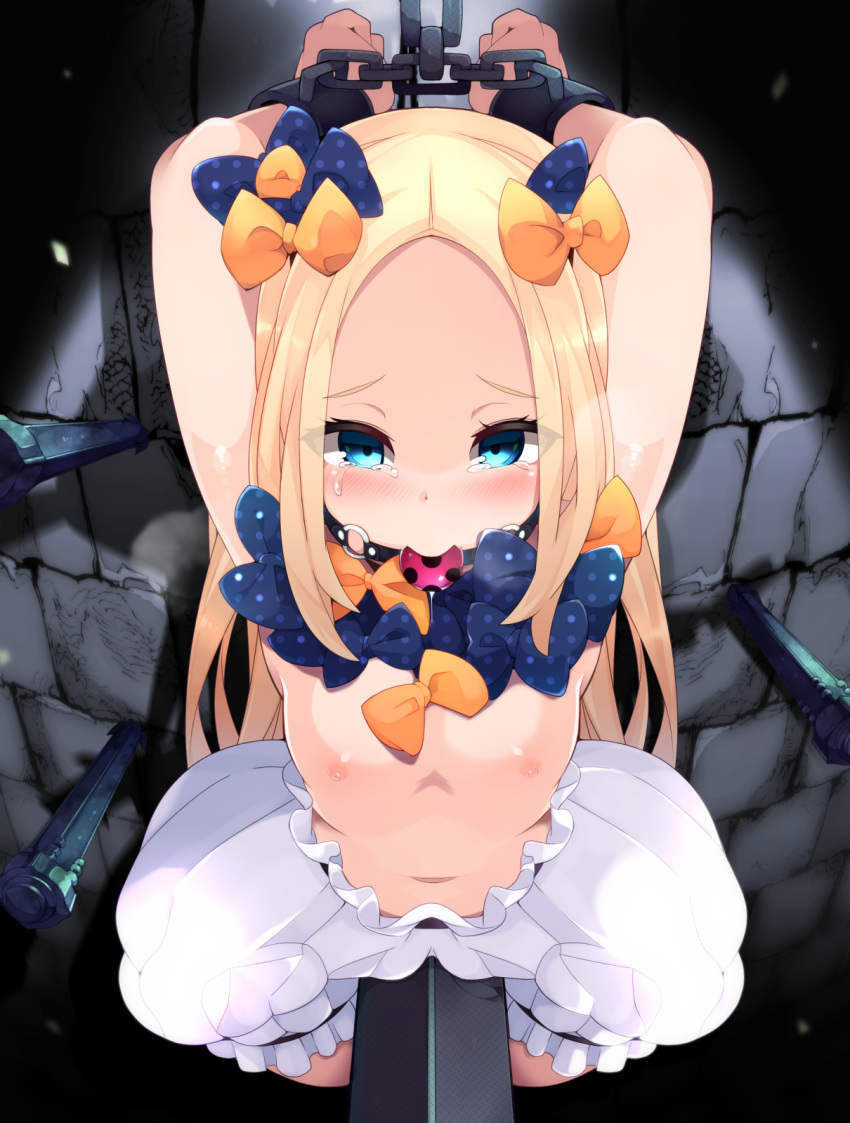 1girl abigail_williams_(fate/grand_order) arms_up ball_gag bangs bdsm black_bow blonde_hair blue_eyes blush bondage bound bound_wrists bow breasts brick_wall chains fate/grand_order fate_(series) forehead gag hair_bow highres long_hair looking_at_viewer navel nipples orange_bow parted_bangs polka_dot polka_dot_bow restrained small_breasts solo spread_legs stake tearing_up topless white_bloomers zamudelin