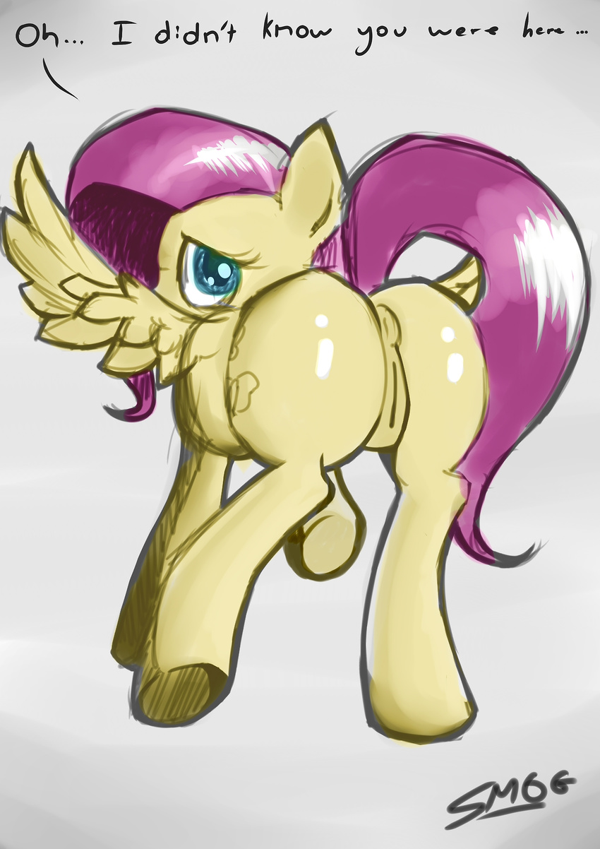 blue_eyes butt cutie_mark equine female feral fluttershy_(mlp) friendship_is_magic hair horse mammal my_little_pony pegasus pink_hair pony pussy smogyday solo wings