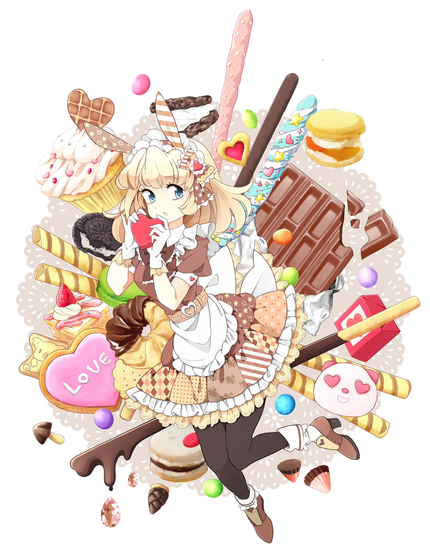 :o animal_ears bad_id bad_pixiv_id black_legwear blonde_hair blue_eyes blush bow bunny_ears candy chocolate cupcake food gloves hair_bow heart highres long_hair looking_at_viewer miy original pantyhose pocky simple_background solo valentine white_background white_gloves