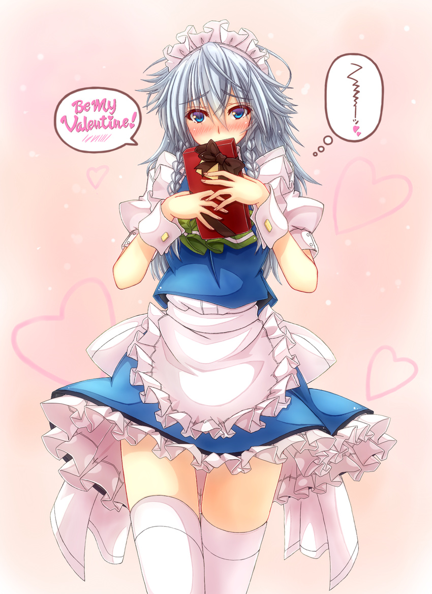 alternate_hair_length alternate_hairstyle apron blue_eyes blush box braid chocolate english frills highres izayoi_sakuya long_hair maid_headdress mickey_dunn silver_hair solo thighhighs touhou twin_braids valentine waist_apron white_legwear wrist_cuffs