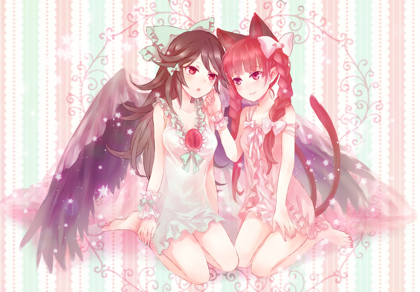 alternate_costume animal_ears bare_arms bare_legs barefoot black_hair blush bow braid breasts cat_ears cat_tail cleavage collarbone couple extra_ears hair_bow hair_ribbon hand_on_another's_cheek hand_on_another's_face kaenbyou_rin large_breasts multiple_girls multiple_tails nekomata neme nightgown off_shoulder open_mouth red_eyes red_hair reiuji_utsuho ribbon sitting smile sparkle strap_slip tail third_eye touhou twin_braids wing_hug wings wrist_cuffs yuri