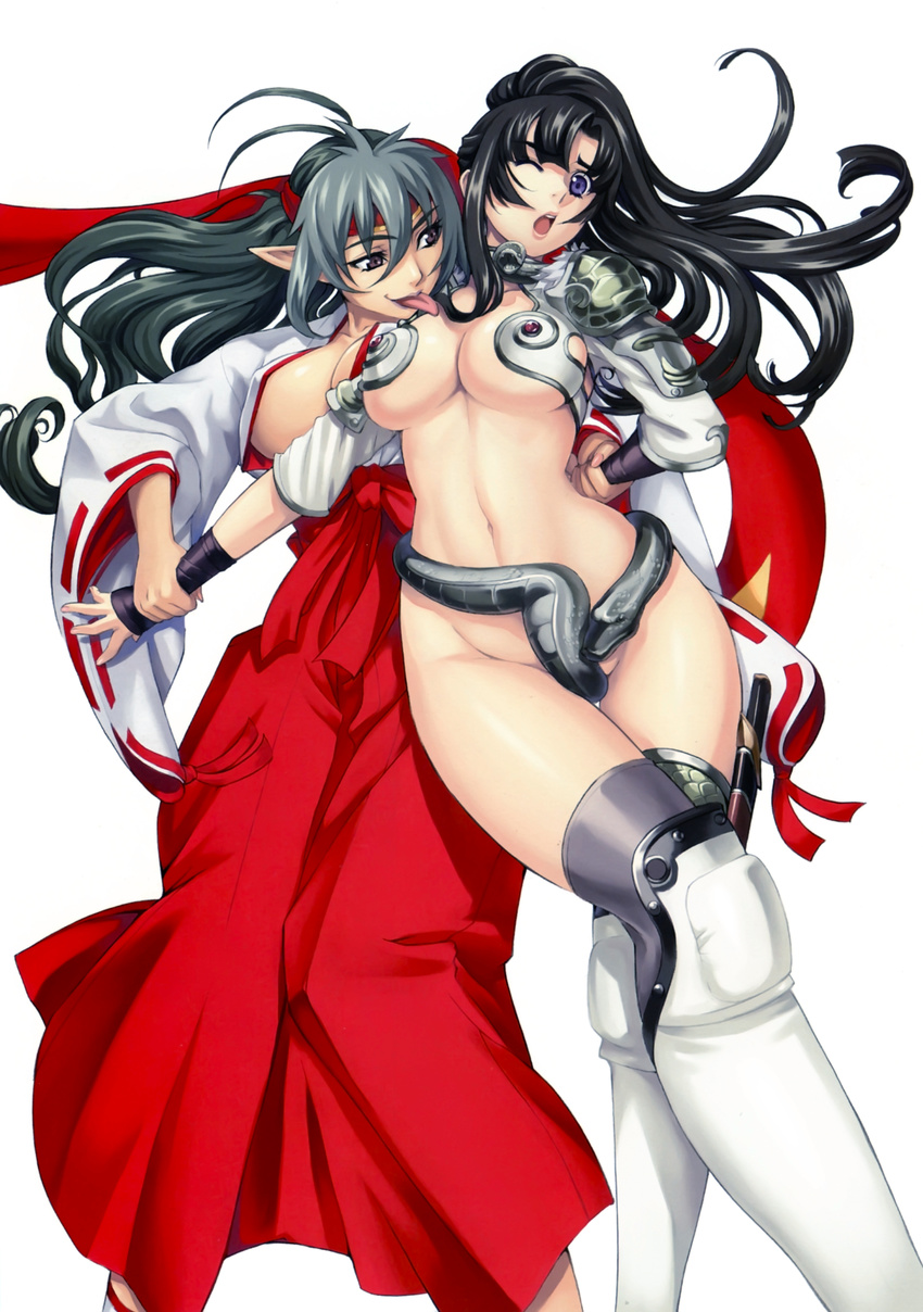 2girls absurdres armor bikini_armor black_hair breasts cleavage cosplay costume_switch curvy echidna echidna_(cosplay) eiwa headband highres hips japanese_clothes large_breasts long_hair miko multiple_girls pointy_ears purple_eyes queen's_blade queen's_blade sword thighhighs tomoe tomoe_(cosplay) underboob weapon wide_hips yuri
