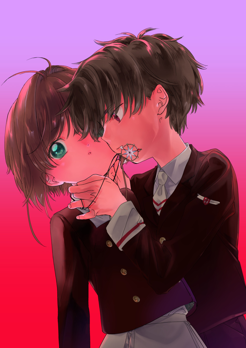 1boy 1girl antenna_hair bangs barakamomoaka brown_eyes brown_hair card_captor_sakura cover cover_page doujin_cover green_eyes hands_on_another's_neck highres kinomoto_sakura li_xiaolang long_sleeves looking_away mouth_hold school_uniform short_hair simple_background tomoeda_middle_school_uniform