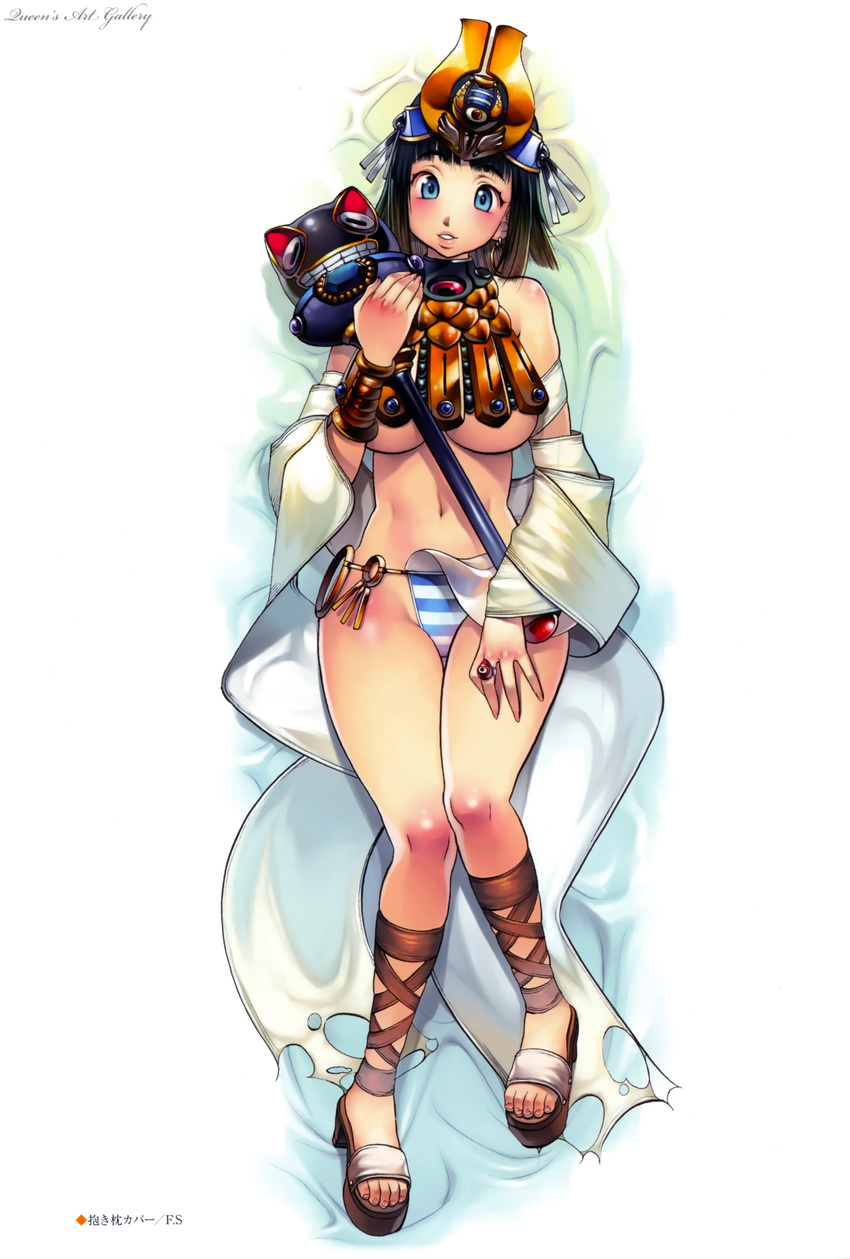 absurdres ankle_lace-up black_hair blue_eyes blush breasts brown_hair clogs cross-laced_footwear dakimakura f.s. highres huge_breasts large_breasts menace midriff panties queen's_blade queen's_blade sandals setra short_hair smile striped striped_panties underboob underwear