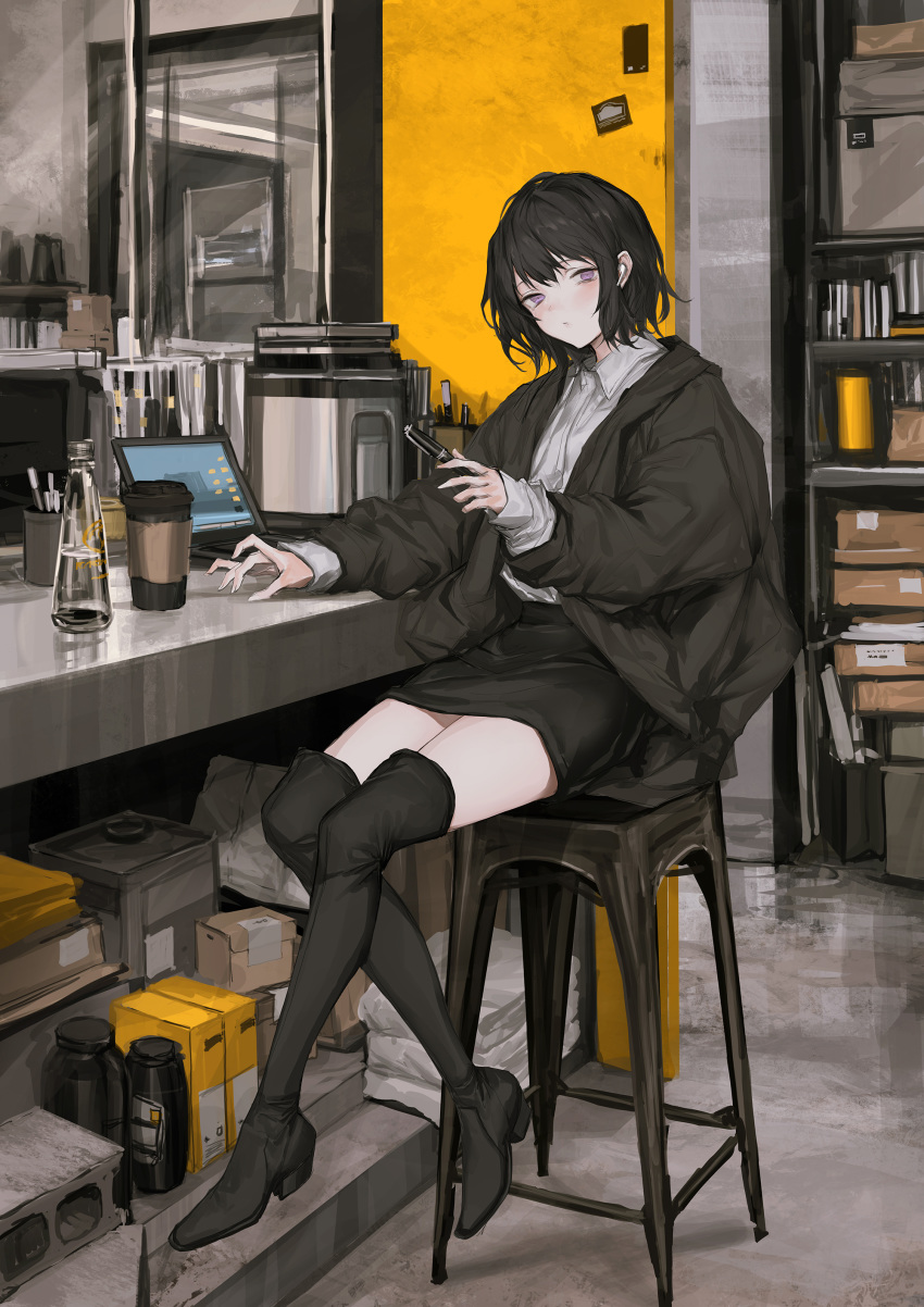 1girl absurdres bangs black_footwear black_hair black_jacket black_skirt boots bottle box chair closed_mouth coffee_cup collared_shirt computer cup disposable_cup earphones expressionless flask highres holding holding_pen indoors jacket jar laptop lavender_quartz lm7_(op-center) long_sleeves looking_at_viewer open_clothes open_jacket pen pencil_skirt puffy_sleeves purple_eyes reflection shelf shirt short_hair sidelocks sitting skirt sleeves_past_wrists solo stool table thigh_boots thighhighs white_shirt zettai_ryouiki