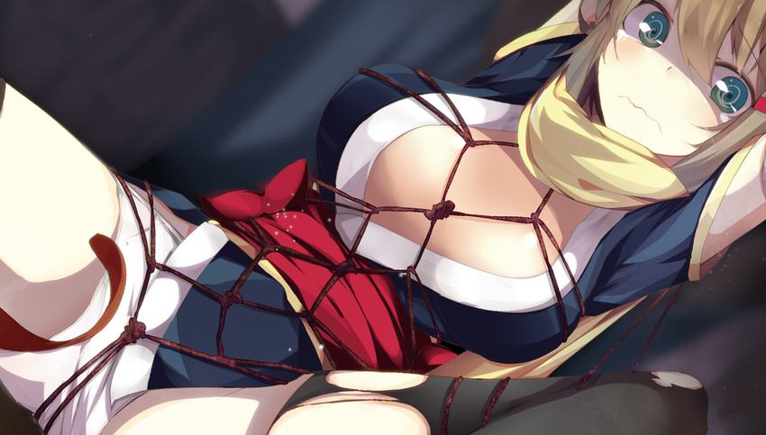 bad_id bad_pixiv_id bdsm benio_(dontsugel) blonde_hair blue_eyes blush bondage bound breasts crotch_rope highres japanese_clothes looking_at_viewer medium_breasts original panties rope shibari short_hair solo underwear wavy_mouth