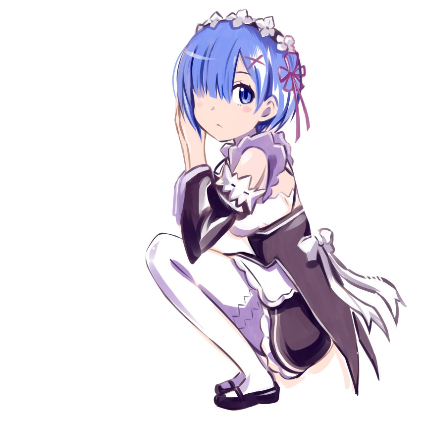 1girl apron blue_eyes blue_hair bow breasts commentary_request detached_sleeves dress full_body hair_ornament hair_over_one_eye hairclip hands_together headdress highres inoue_kousei looking_at_viewer maid maid_apron pantyhose re:zero_kara_hajimeru_isekai_seikatsu rem_(re:zero) shoes short_hair solo squatting white_background