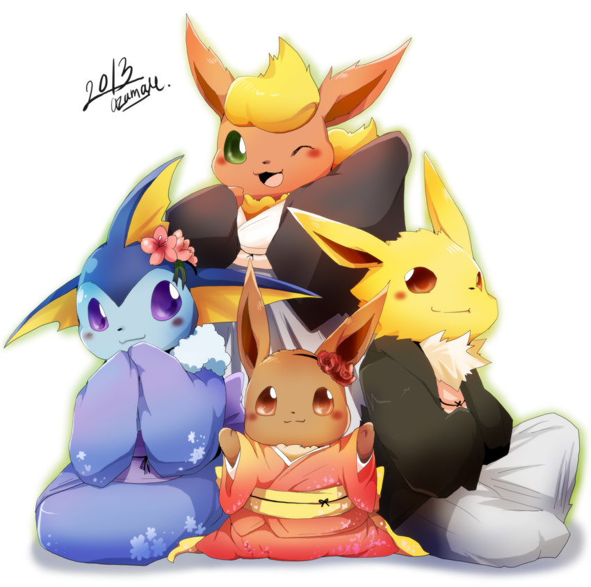 artist_request azuma_minatsu blush brown_eyes brown_fur canine clothed clothing eevee eeveelution feral flareon flower fur green_eyes japanese_clothes jolteon kimono looking_at_viewer mammal nintendo no_humans one_eye_closed open_mouth plain_background pok&#233;mon pokemon purple_eyes robes sitting smile tongue vaporeon video_games white_background wink