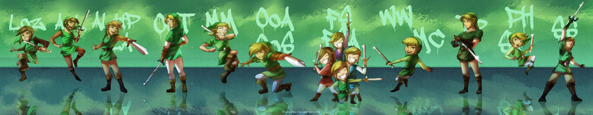 blonde_hair brown_hair dual_persona grin hat highres link long_image master_sword multiple_boys pointy_ears smile sword the_legend_of_zelda the_legend_of_zelda:_a_link_to_the_past the_legend_of_zelda:_majora's_mask the_legend_of_zelda:_ocarina_of_time the_legend_of_zelda:_skyward_sword the_legend_of_zelda:_spirit_tracks the_legend_of_zelda:_the_minish_cap the_legend_of_zelda:_the_wind_waker the_legend_of_zelda:_twilight_princess tiuana_rui toon_link tunic weapon wide_image
