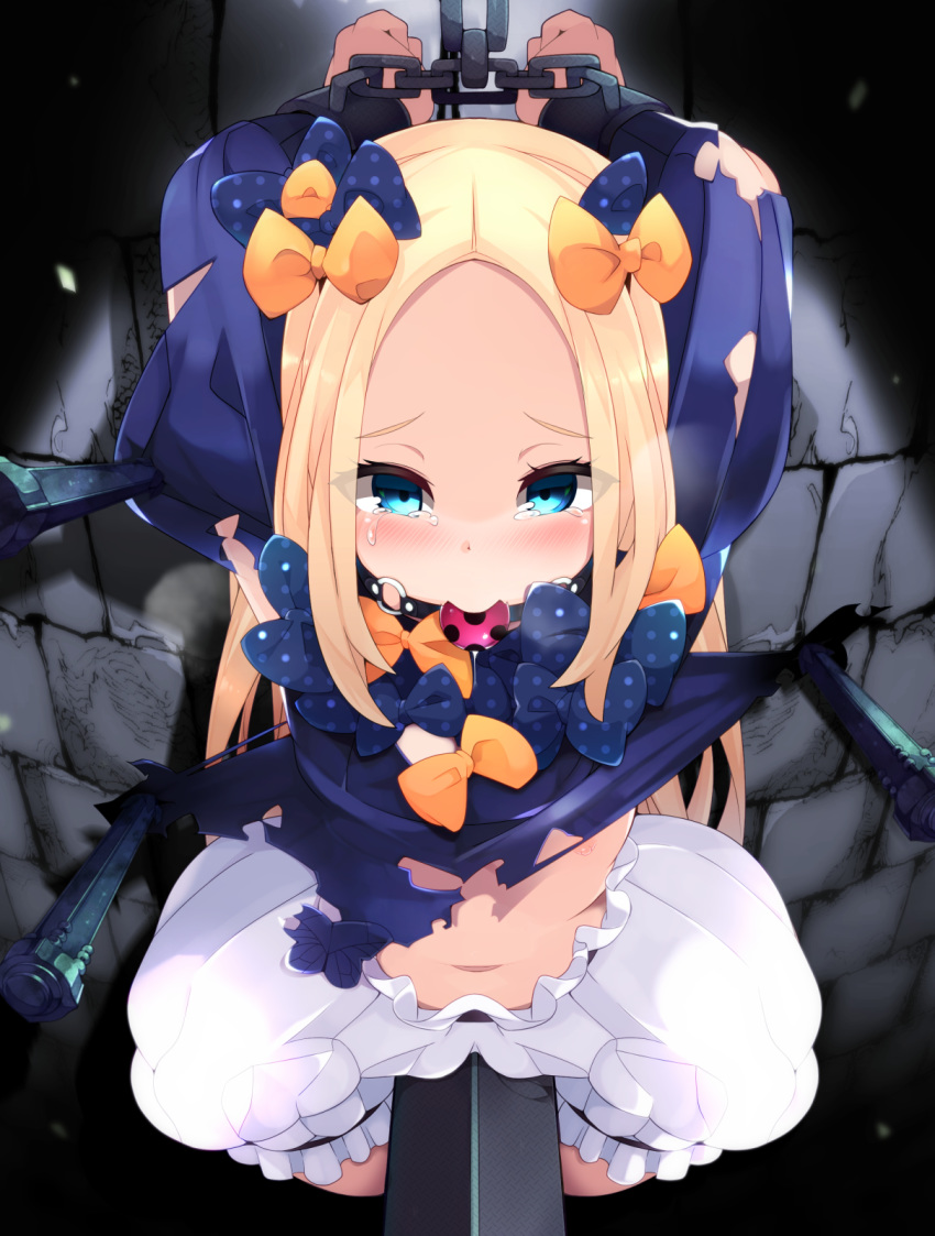 1girl abigail_williams_(fate/grand_order) arms_up ball_gag bangs bdsm black_bow black_dress blonde_hair blue_eyes blush bondage bound bound_wrists bow breasts chains dress fate/grand_order fate_(series) forehead gag hair_bow highres long_hair looking_at_viewer navel orange_bow parted_bangs polka_dot polka_dot_bow restrained ribbed_dress solo spread_legs stake tearing_up torn_clothes torn_dress white_bloomers zamudelin